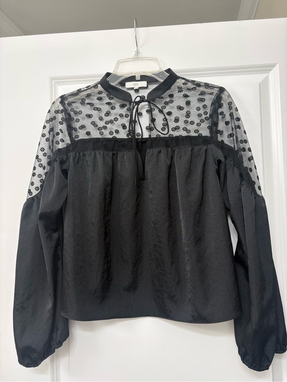 NSR Black Long-Sleeve Sheer Floral Yoke Blouse